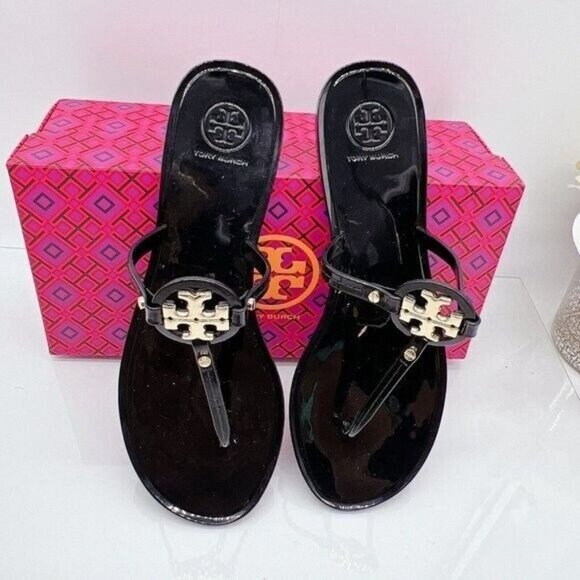 Tory Burch Mini Miller Womens Thong Flat Sandal Black Rubber Gold Logo US 7 - Picture 5 of 9